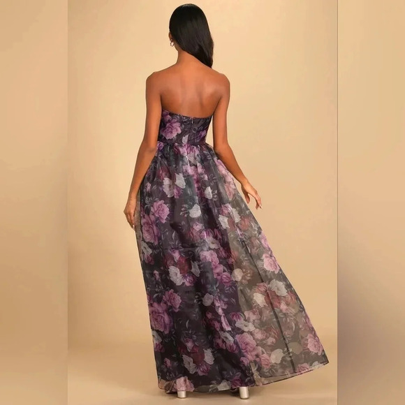 Lulus Wonderful Waltz Purple Floral Print Strapless Bustier Maxi Dress Party - Picture 5 of 12